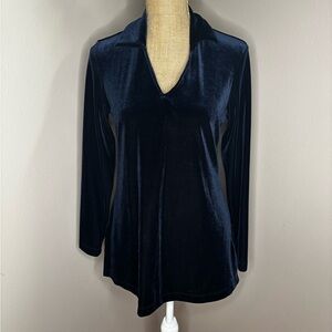 Vntg Moda International Velvet Long Sleeve Tunic Shirt Velour Navy Blue Size S